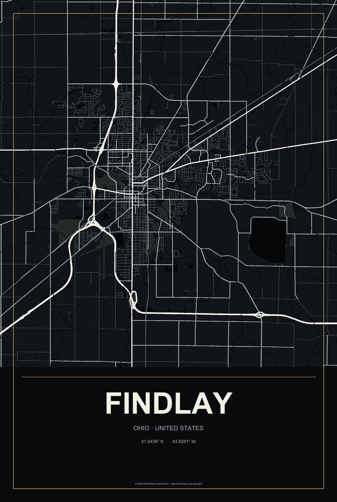 Findlay, Ohio City Map Aluminum Sign in Metropolitan Noir style