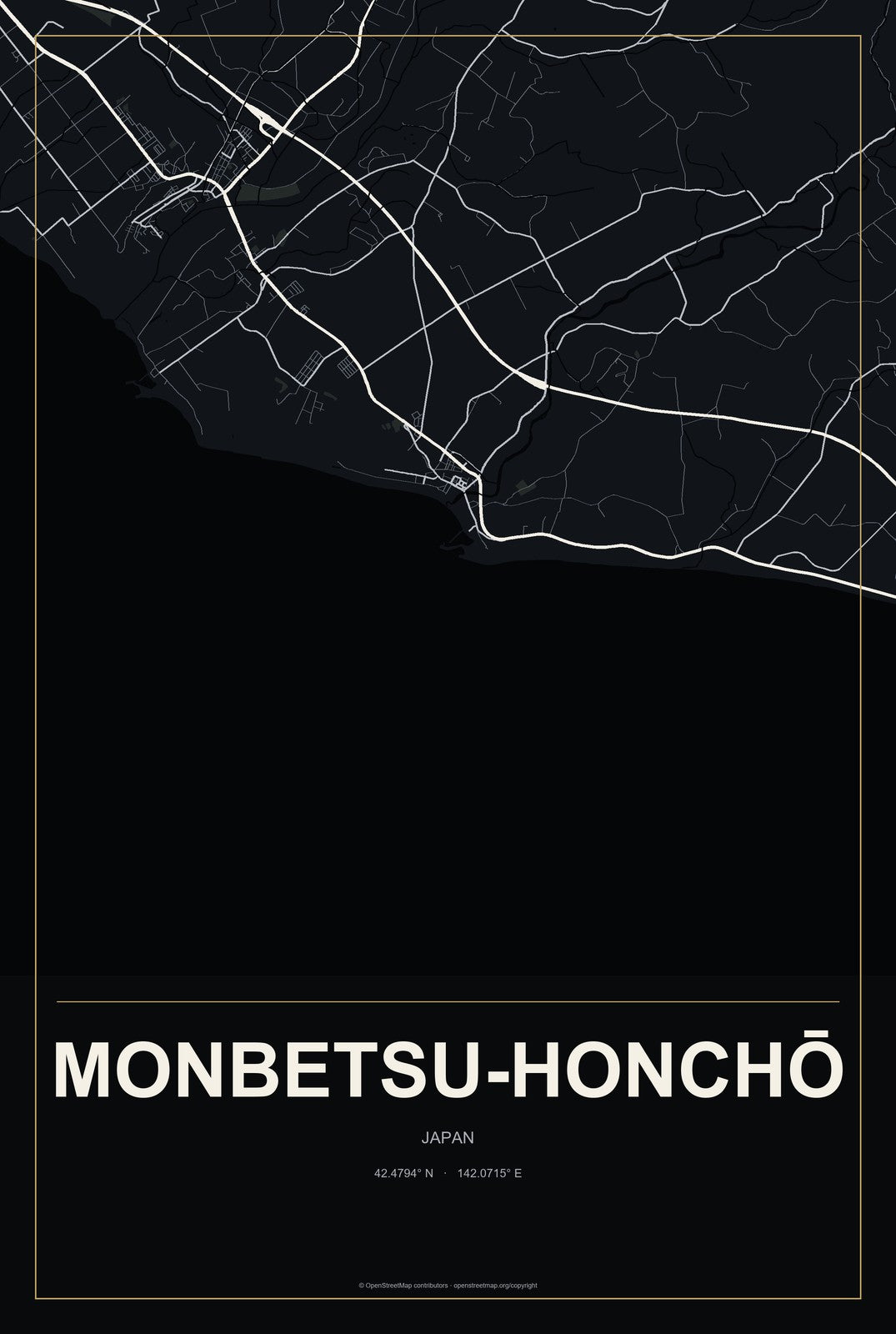 Monbetsu-honchō, Japan City Map Aluminum Sign in Metropolitan Noir style