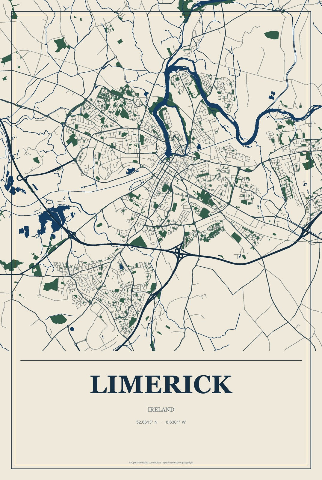 Limerick, Ireland City Map Aluminum Sign in Coastal Cutout style