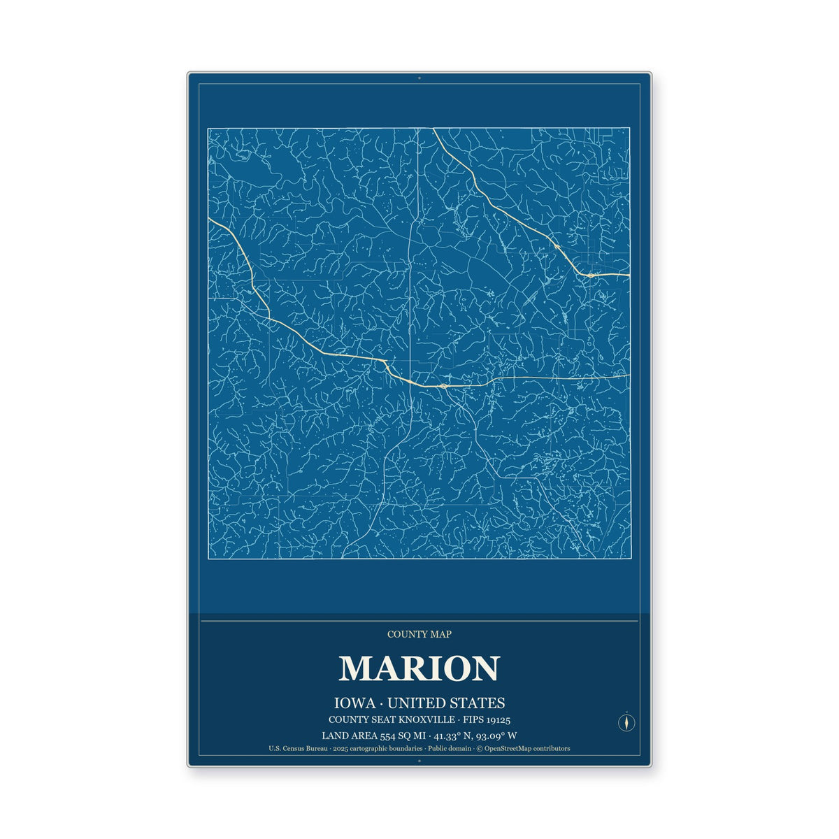 Marion County, Iowa Map Aluminum Sign in Harbor Cobalt style