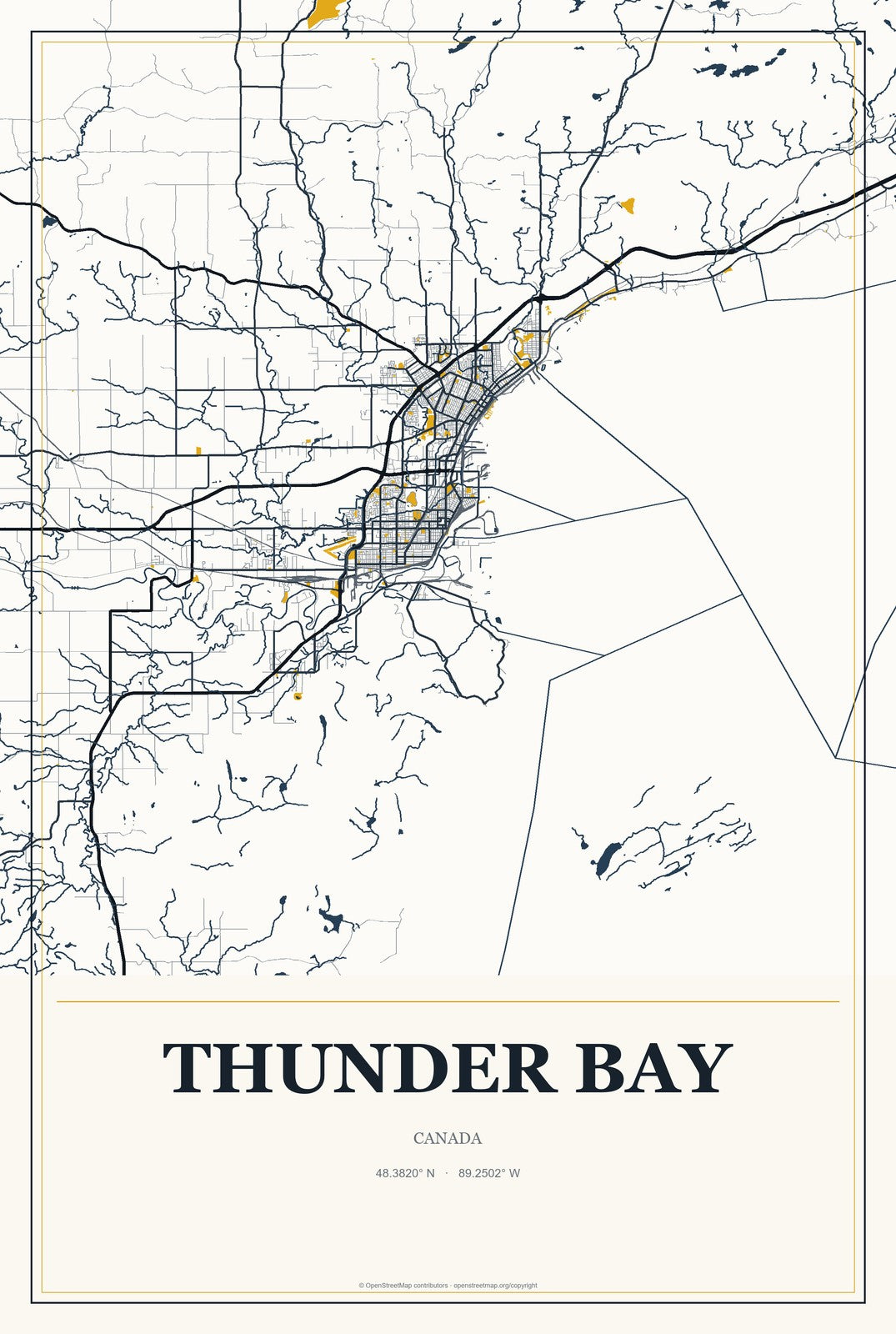 Thunder Bay, Canada City Map Aluminum Sign in Citrine Modern style