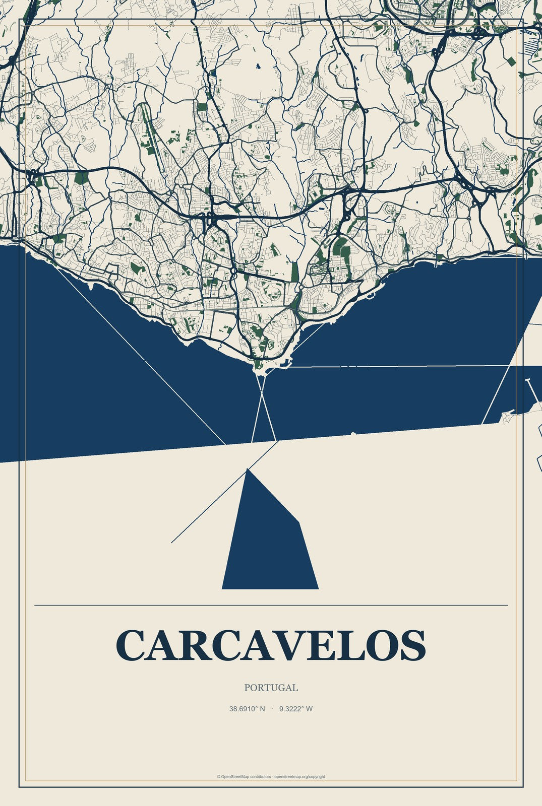 Carcavelos, Portugal City Map Aluminum Sign in Coastal Cutout style