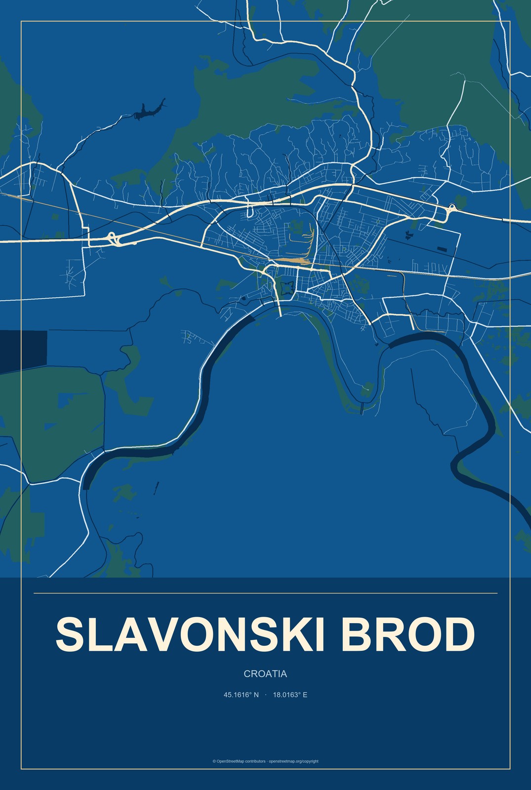 Slavonski Brod, Croatia City Map Aluminum Sign in Harbor Cobalt style