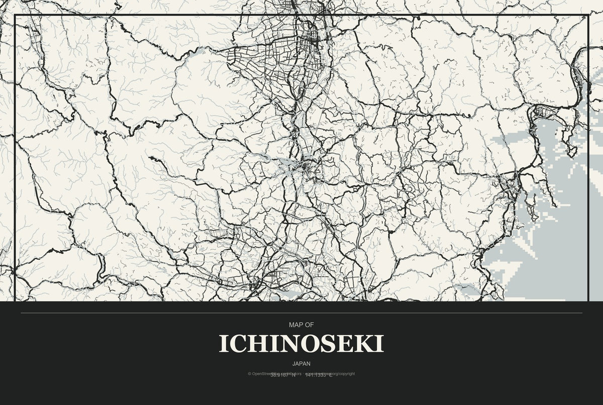 Ichinoseki, Japan City Map Aluminum Sign in Museum Plaque style