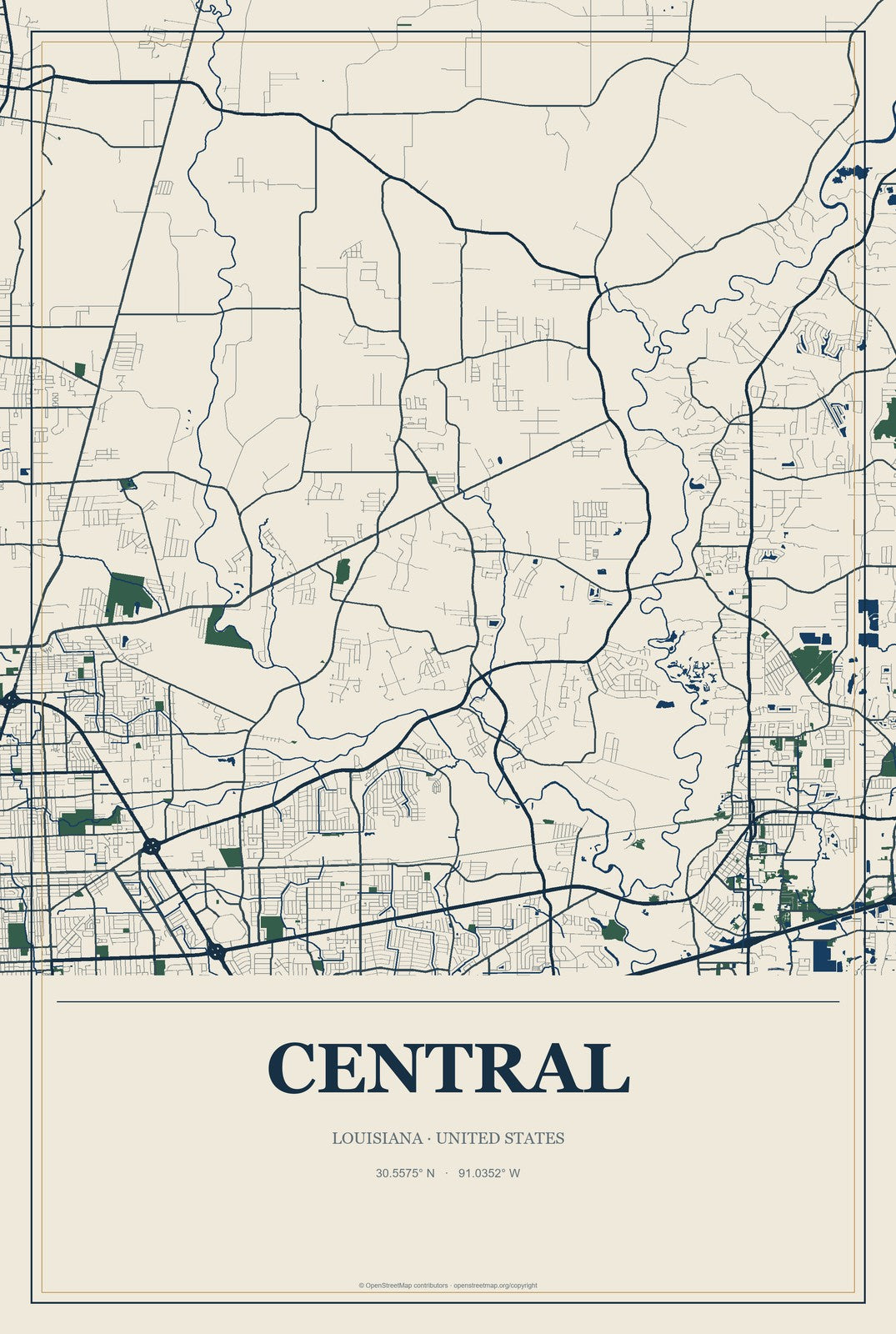 Central, Louisiana City Map Aluminum Sign in Coastal Cutout style