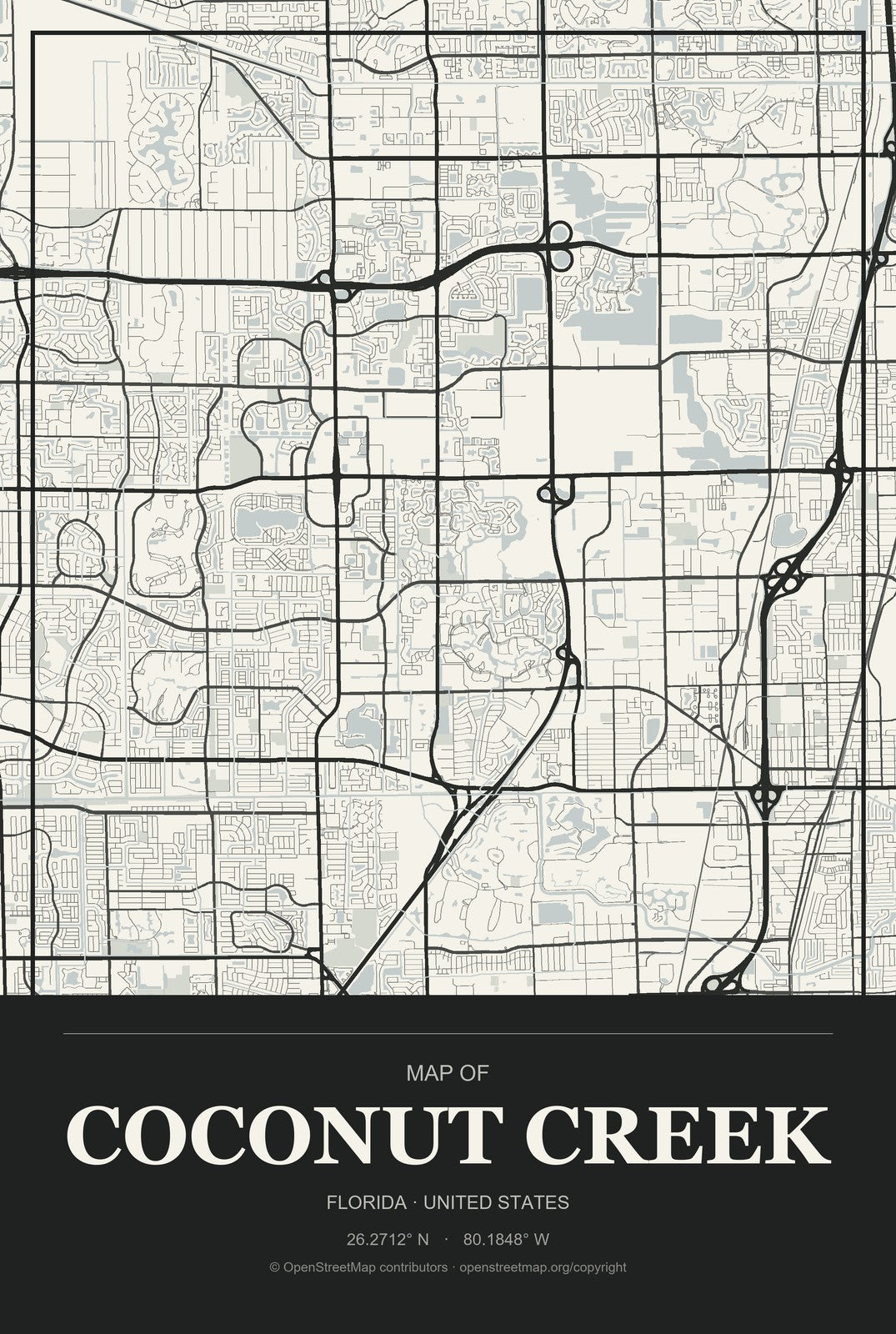 Coconut Creek, Florida City Map Aluminum Sign in Museum Plaque style