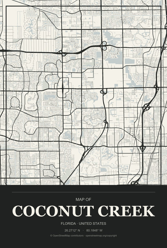 Coconut Creek, Florida City Map Aluminum Sign in Museum Plaque style