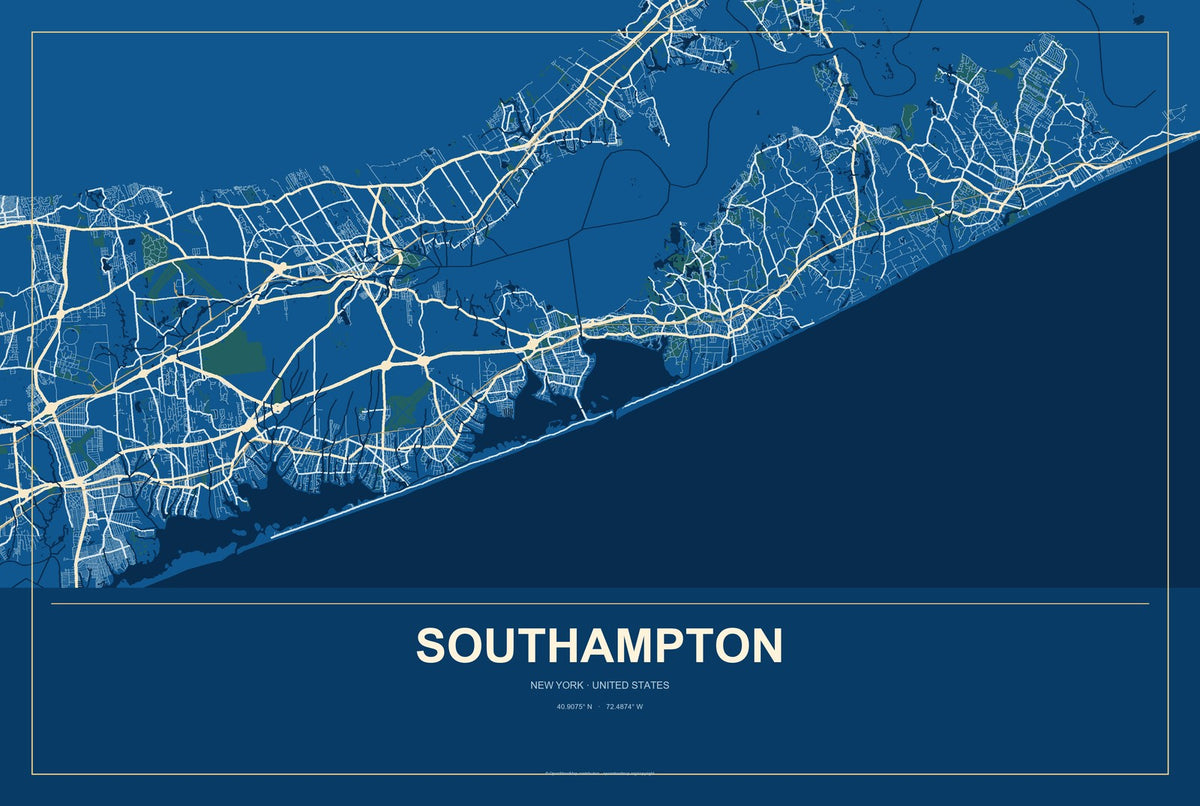 Southampton, New York City Map Aluminum Sign in Harbor Cobalt style