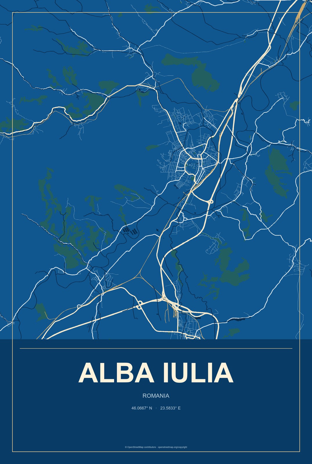 Alba Iulia, Romania City Map Aluminum Sign in Harbor Cobalt style