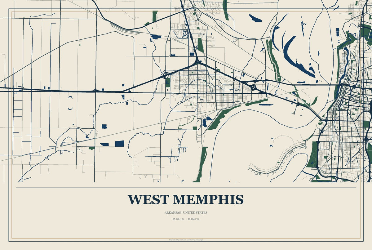 West Memphis, Arkansas City Map Aluminum Sign in Coastal Cutout style