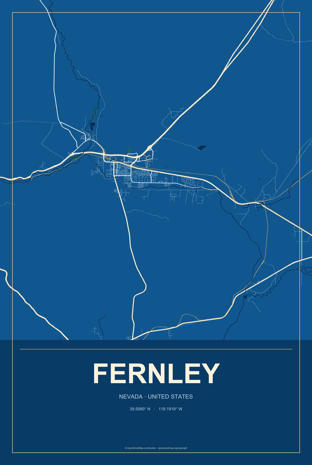 Fernley, Nevada City Map Aluminum Sign in Harbor Cobalt style