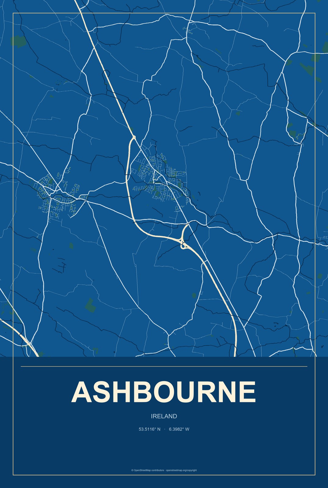 Ashbourne, Ireland City Map Aluminum Sign in Harbor Cobalt style