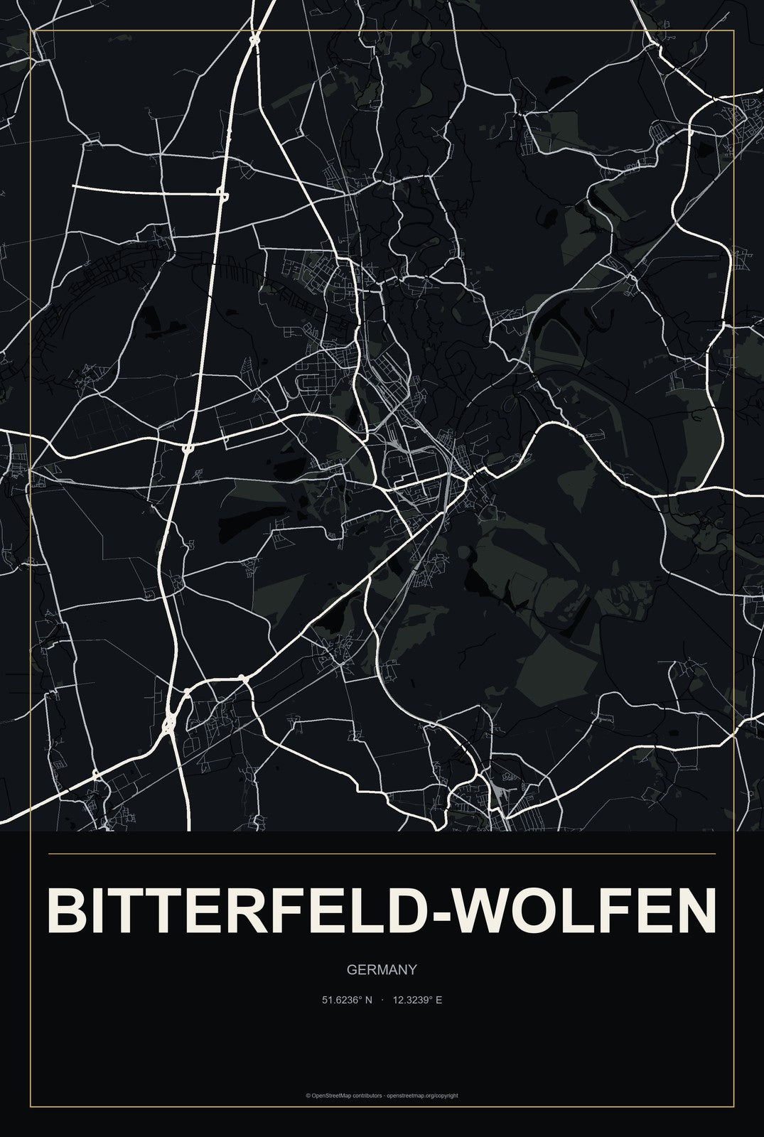 Bitterfeld-Wolfen, Germany City Map Aluminum Sign in Metropolitan Noir style