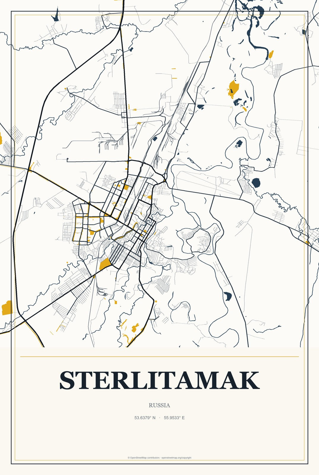 Sterlitamak, Russia City Map Aluminum Sign in Citrine Modern style