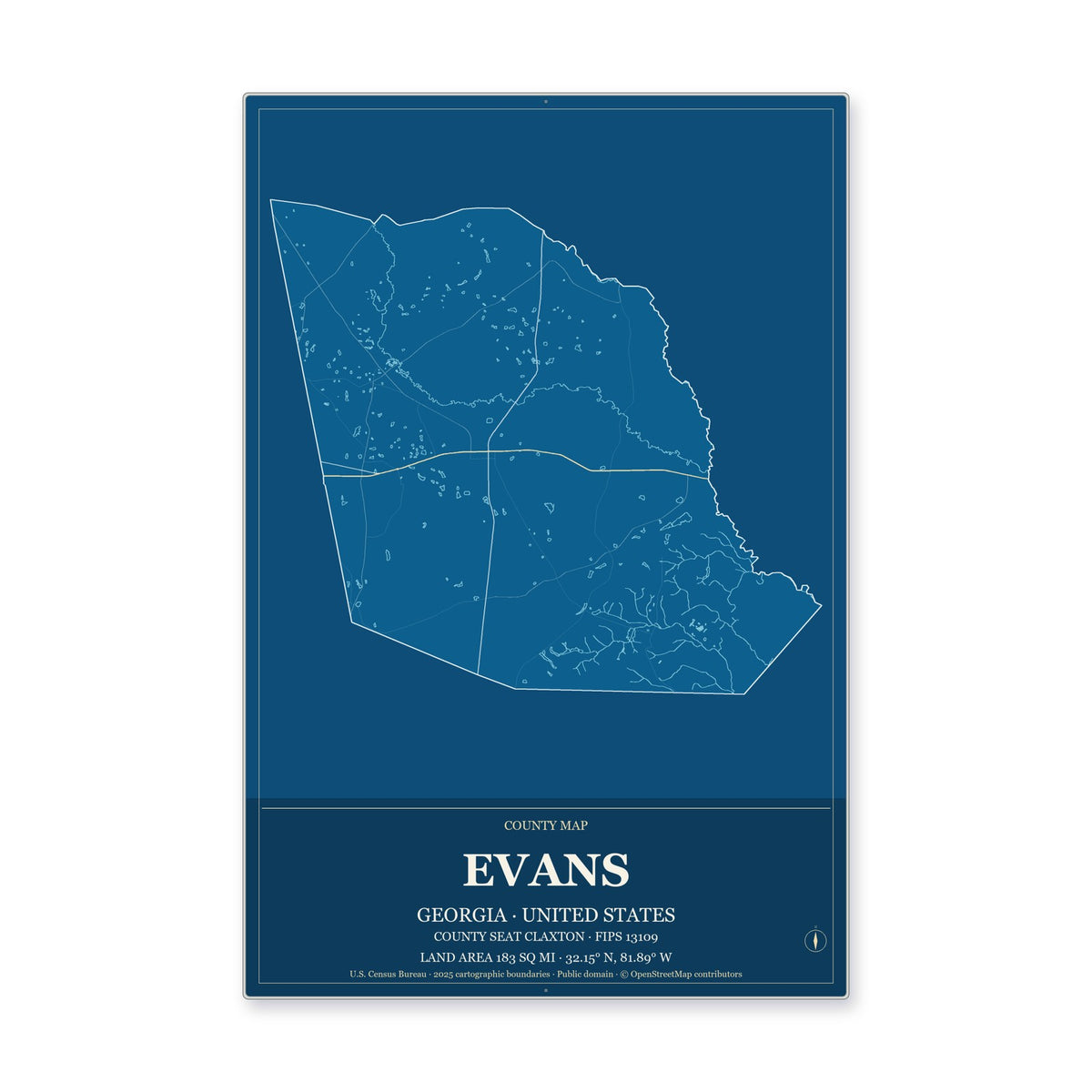 Evans County, Georgia Map Aluminum Sign in Harbor Cobalt style