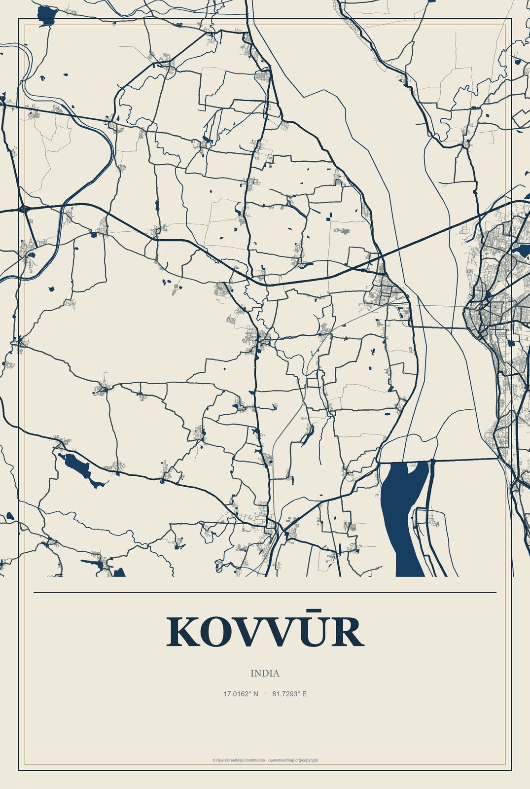 Kovvūr, India City Map Aluminum Sign in Coastal Cutout style