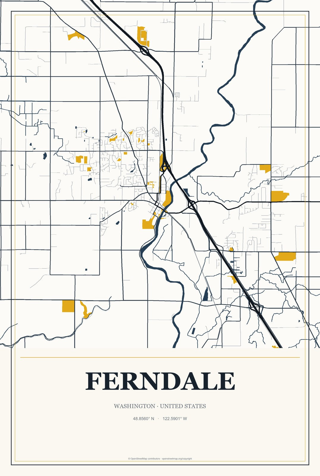 Ferndale, Washington City Map Aluminum Sign in Citrine Modern style