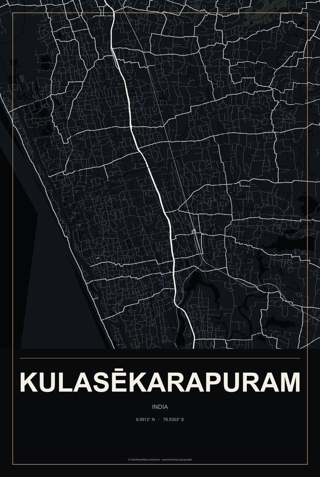 Kulasēkarapuram, India City Map Aluminum Sign in Metropolitan Noir style