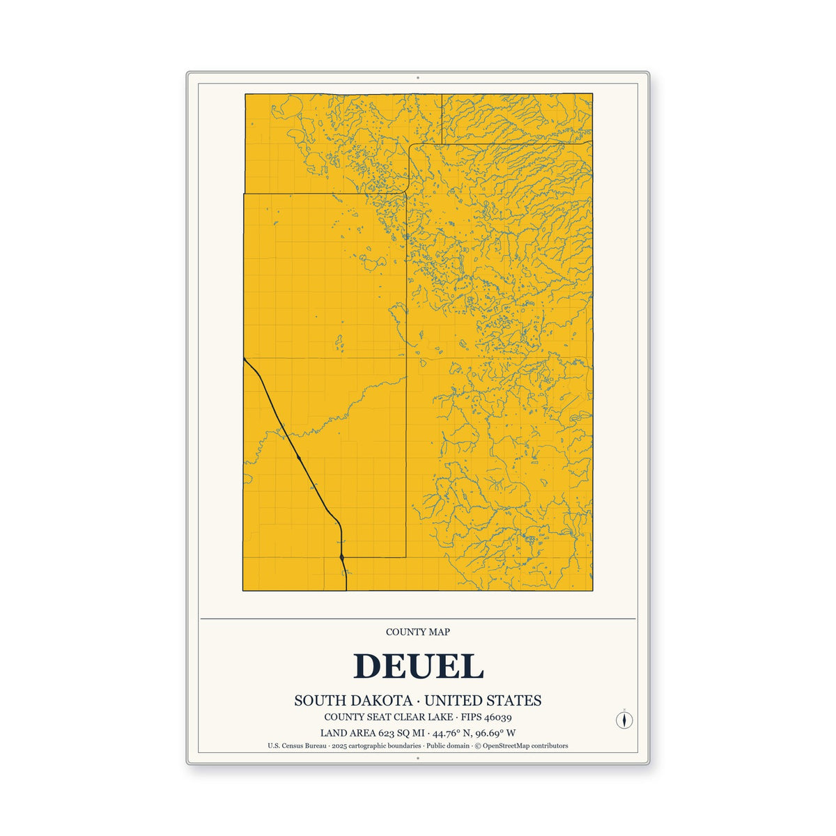 Deuel County, South Dakota Map Aluminum Sign in Citrine Modern style