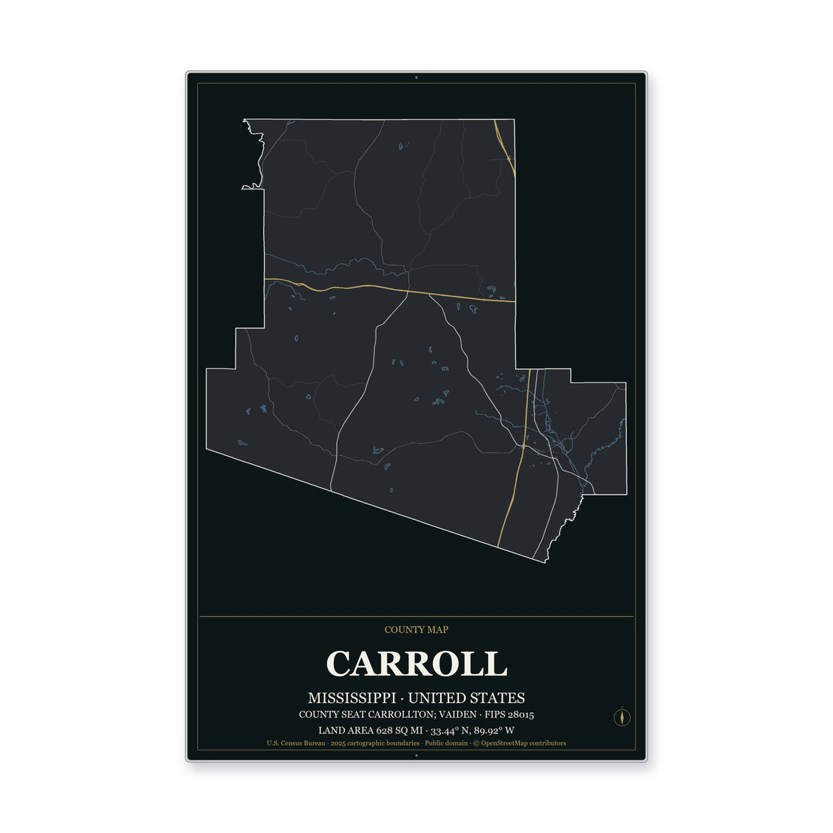 Carroll County, Mississippi Map Aluminum Sign in Metropolitan Noir style
