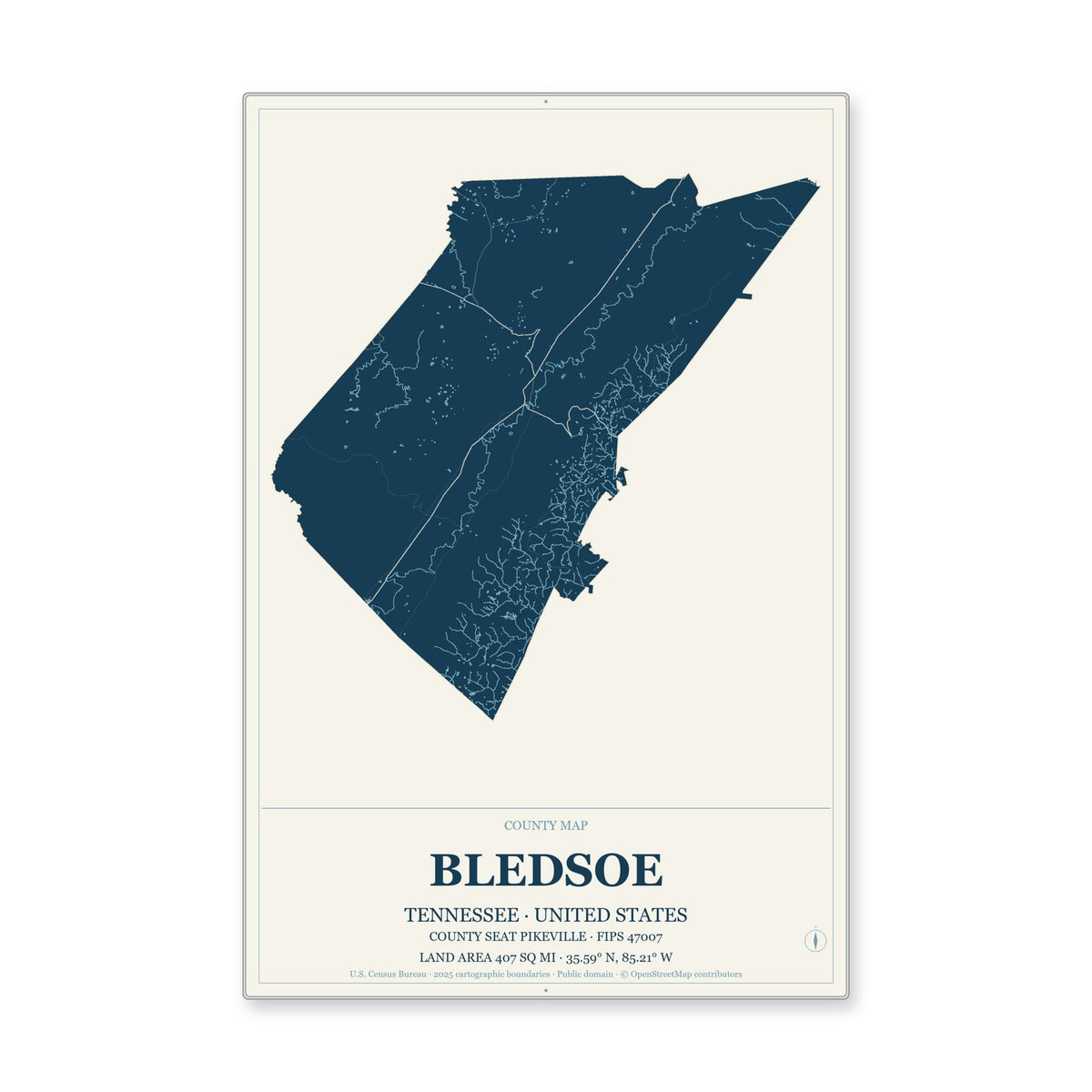 Bledsoe County, Tennessee Map Aluminum Sign in Coastal Cutout style