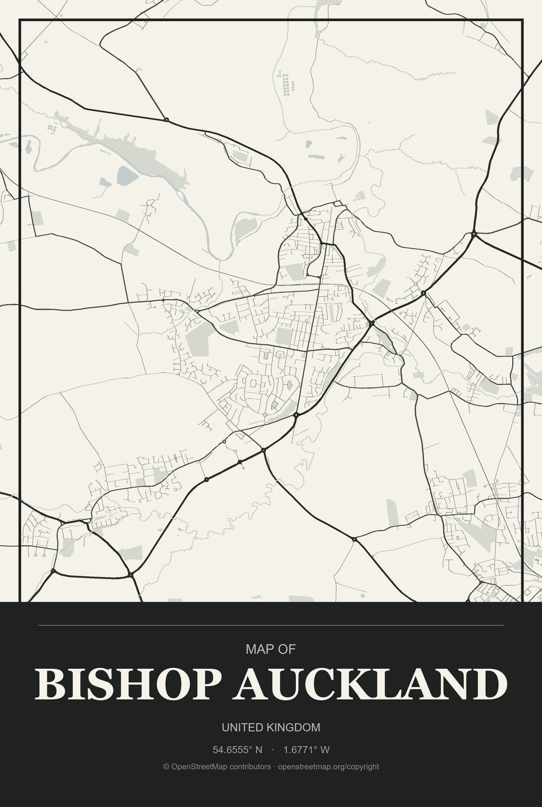Bishop Auckland, United Kingdom City Map Aluminum Sign in Museum Plaque style