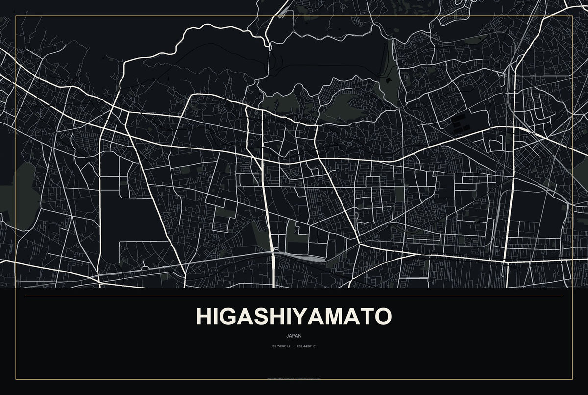 Higashiyamato, Japan City Map Aluminum Sign in Metropolitan Noir style