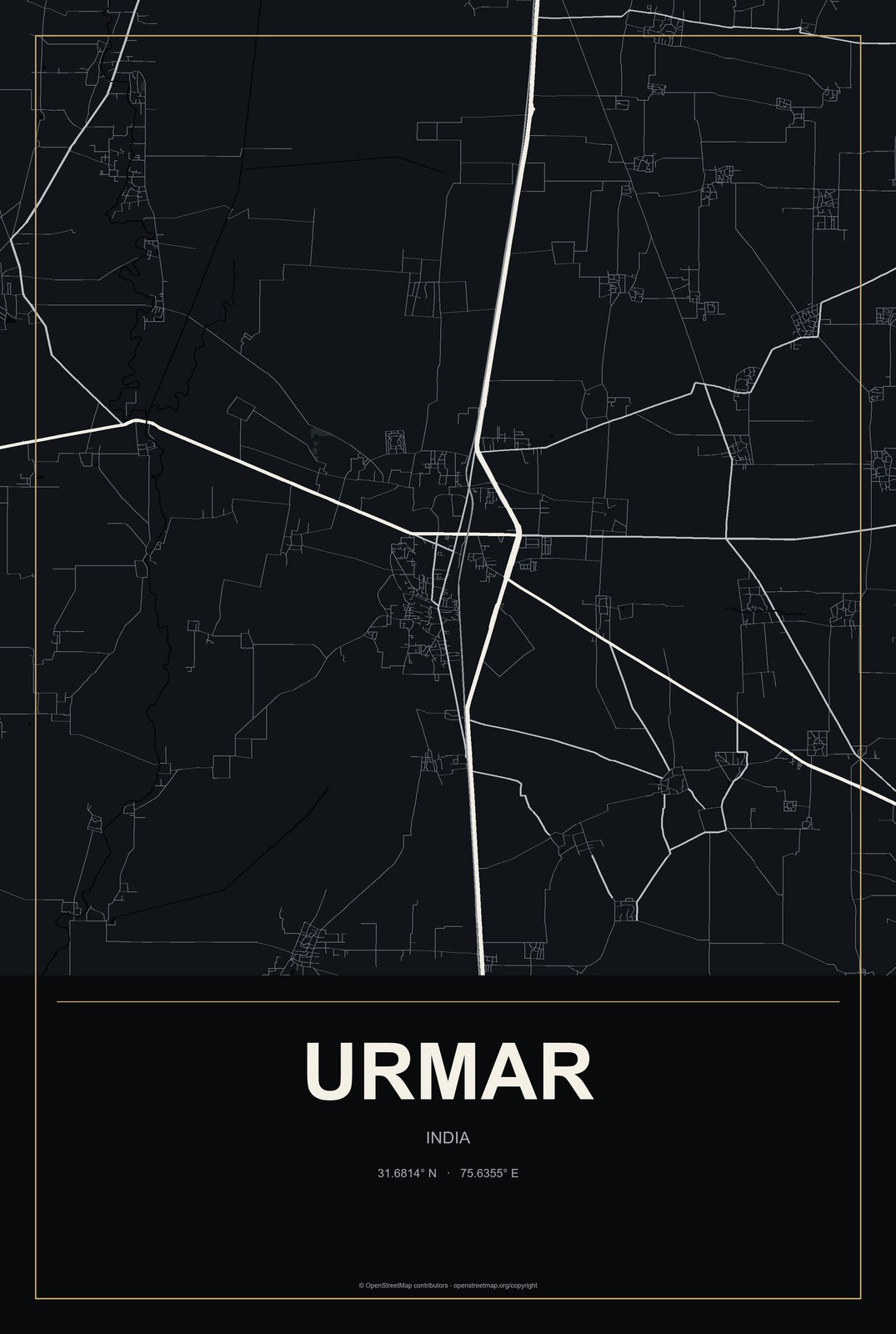 Urmar, India City Map Aluminum Sign in Metropolitan Noir style