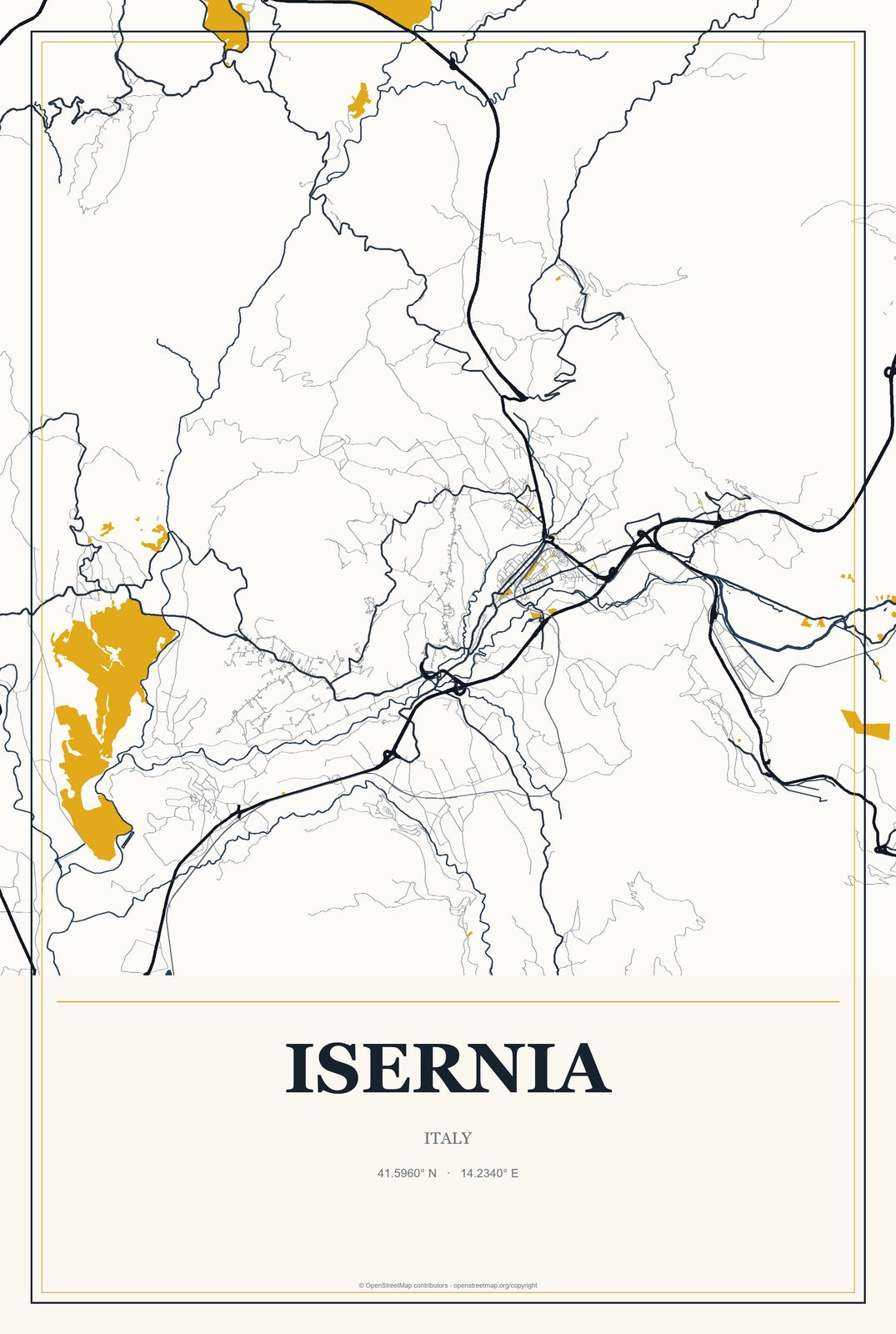 Isernia, Italy City Map Aluminum Sign in Citrine Modern style