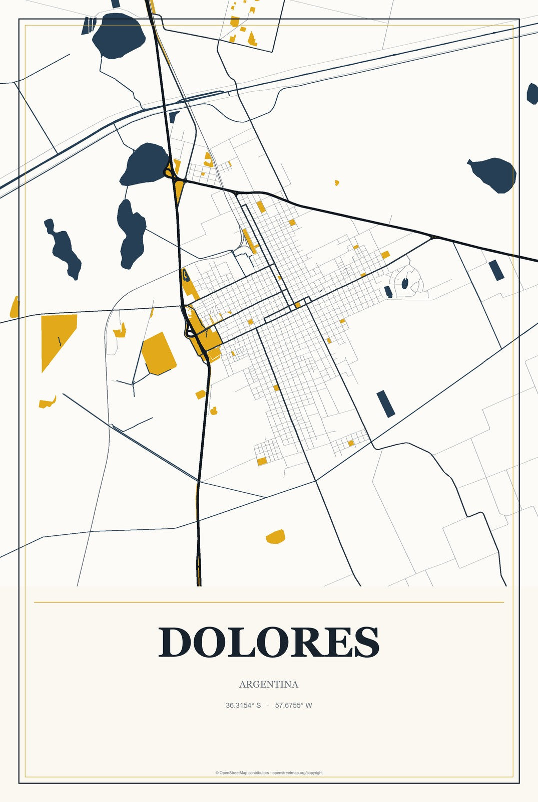Dolores, Argentina City Map Aluminum Sign in Citrine Modern style