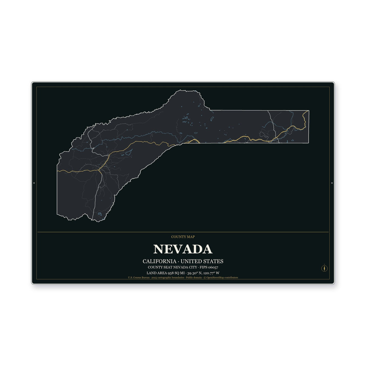 Nevada County, California Map Aluminum Sign in Metropolitan Noir style