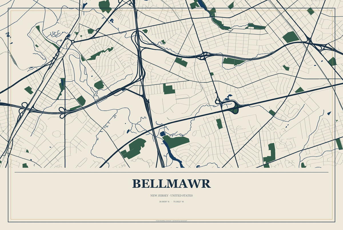 Bellmawr, New Jersey City Map Aluminum Sign in Coastal Cutout style