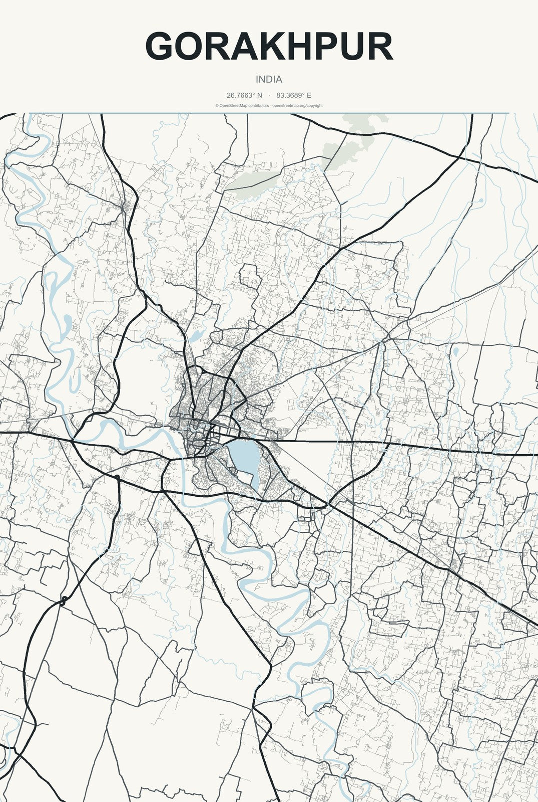 Gorakhpur, Uttar Pradesh, India City Map Aluminum Sign in Headline Atlas style