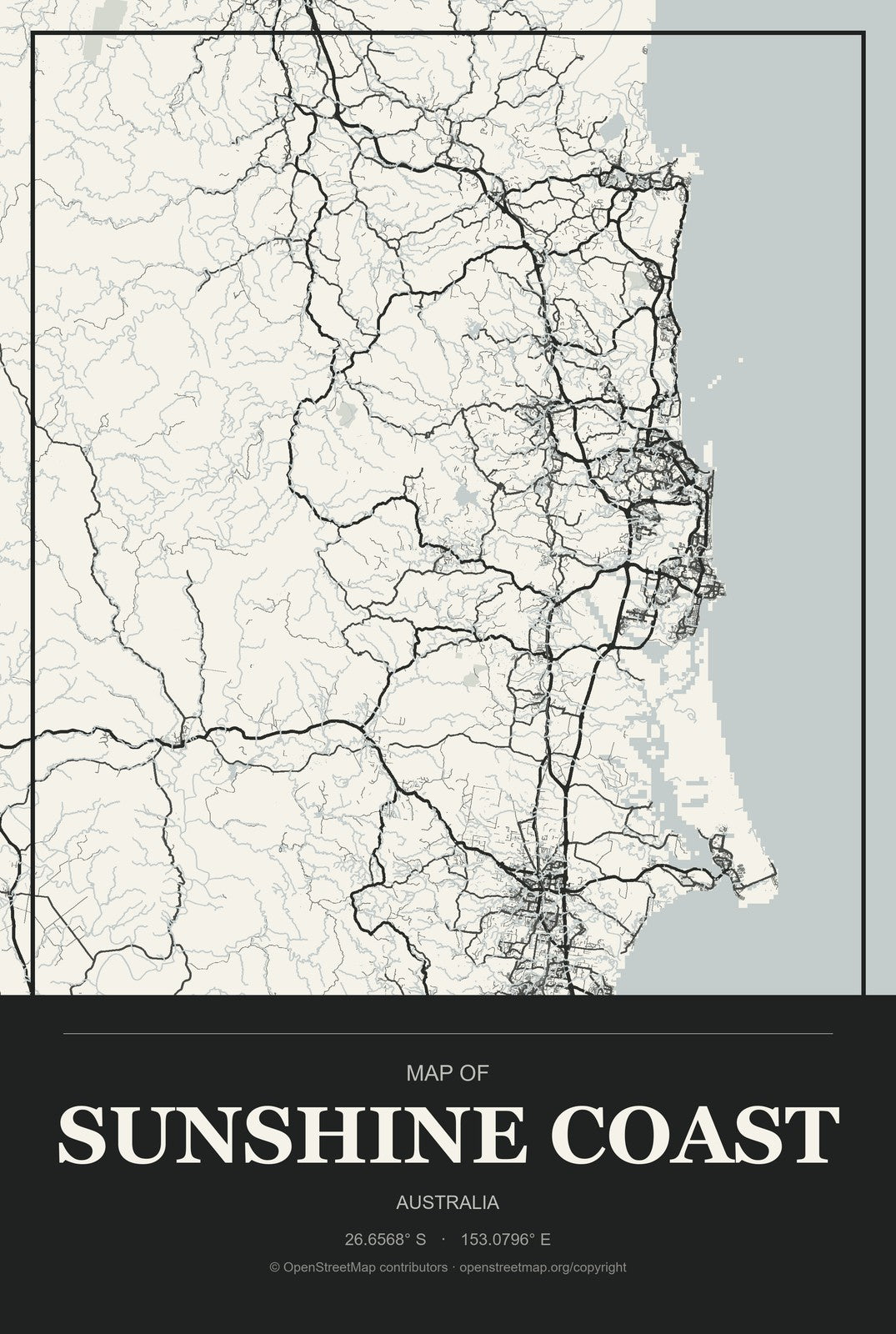 Sunshine Coast, Australia City Map Aluminum Sign in Museum Plaque style