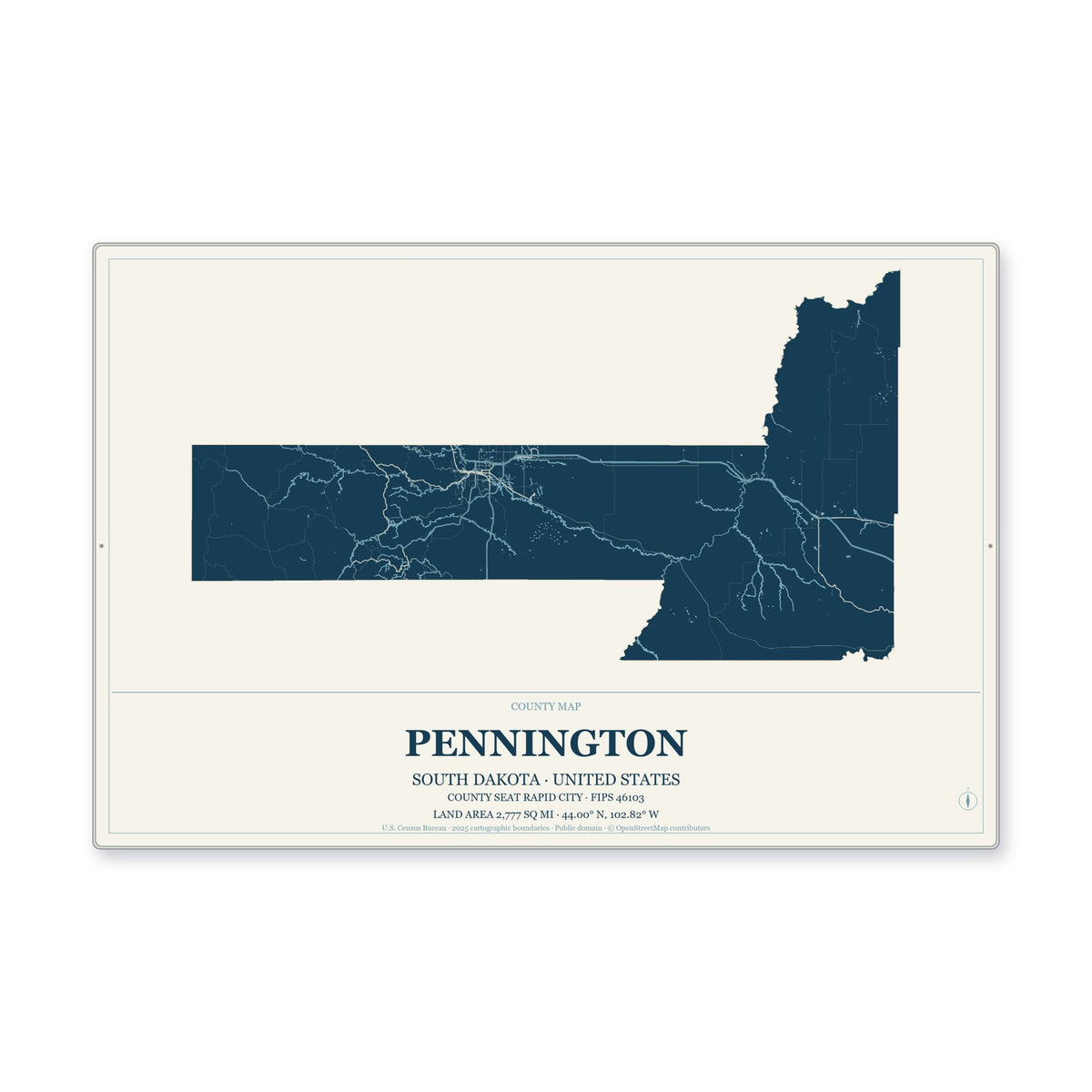 Pennington County, South Dakota Map Aluminum Sign in Coastal Cutout style