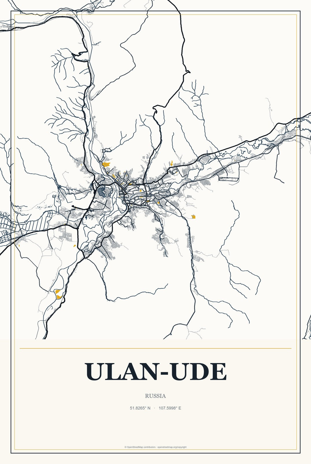 Ulan-Ude, Russia City Map Aluminum Sign in Citrine Modern style