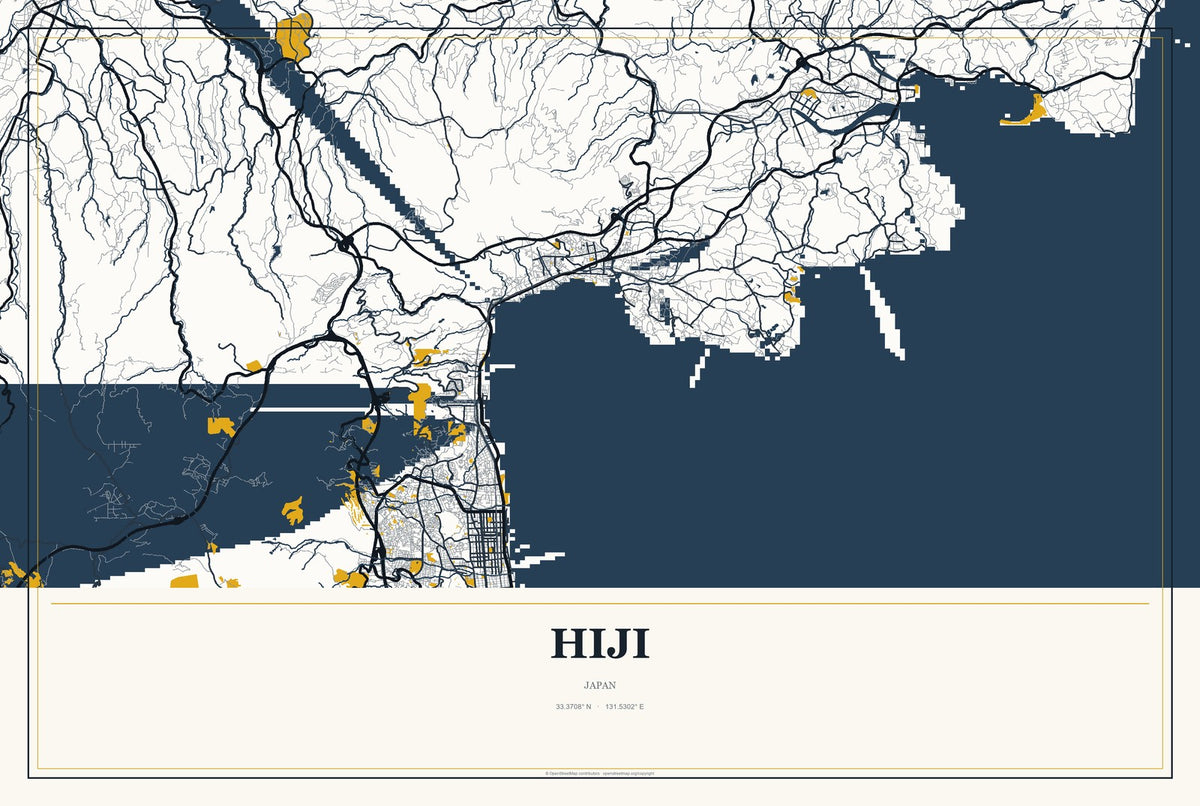 Hiji, Japan City Map Aluminum Sign in Citrine Modern style
