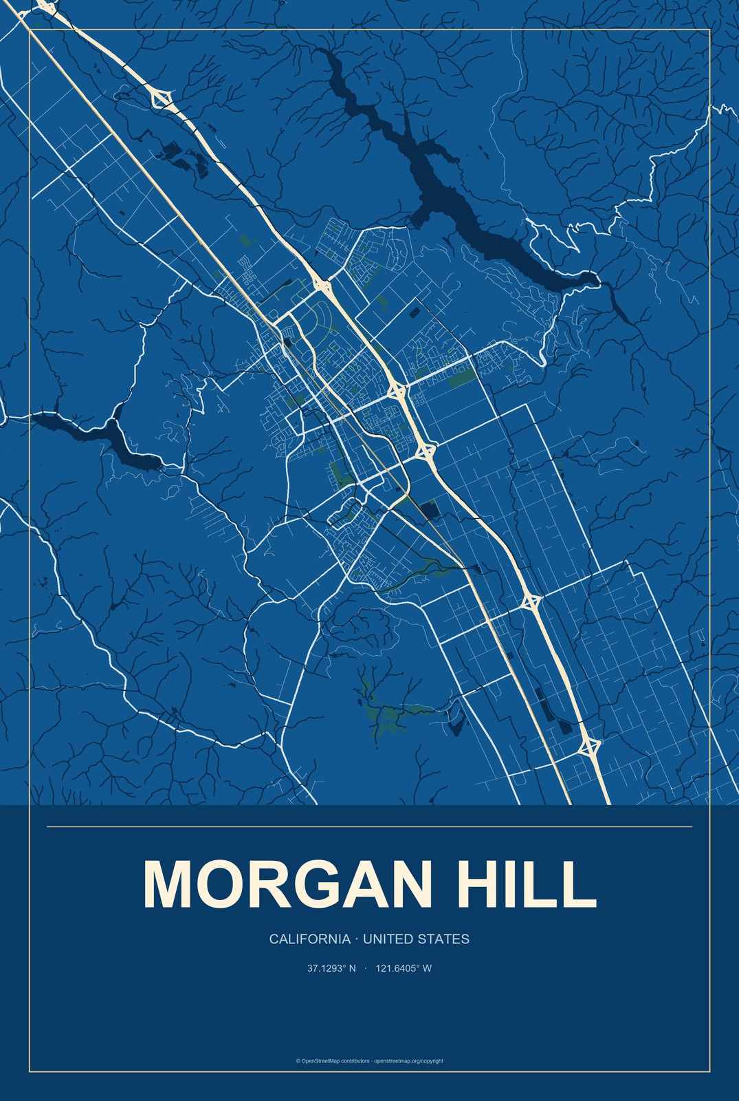 Morgan Hill, California City Map Aluminum Sign in Harbor Cobalt style