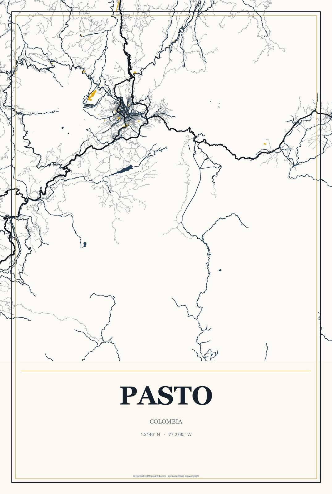 Pasto, Colombia City Map Aluminum Sign in Citrine Modern style