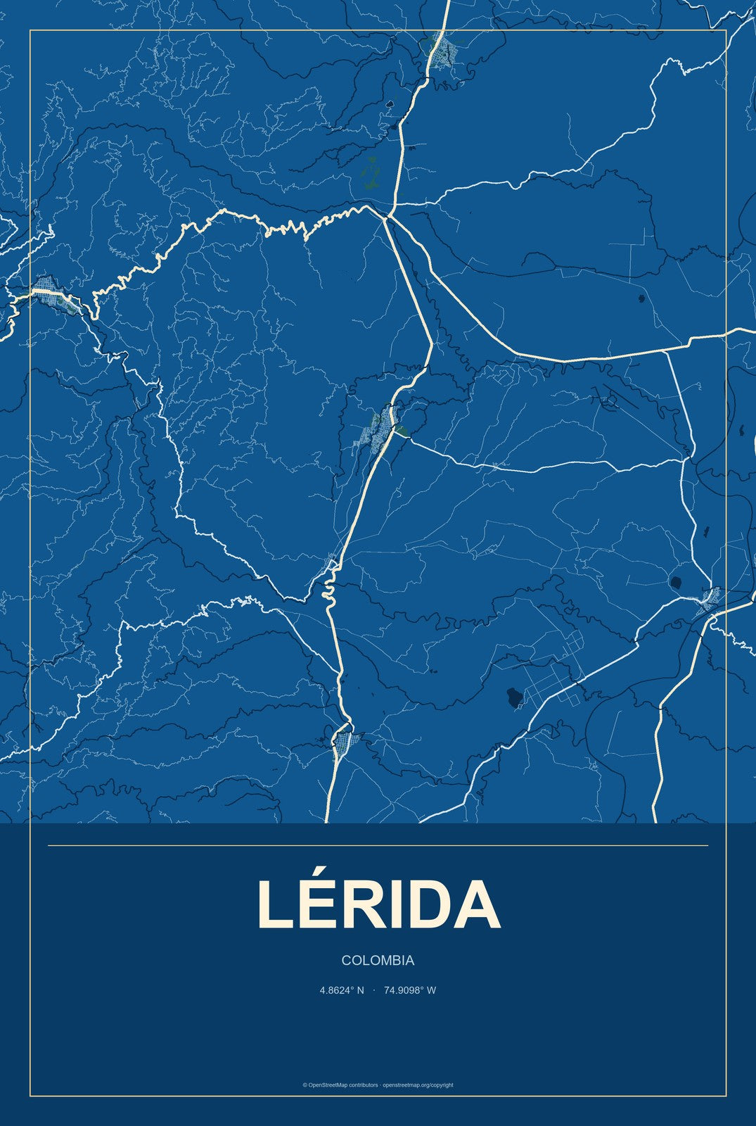 Lérida, Colombia City Map Aluminum Sign in Harbor Cobalt style