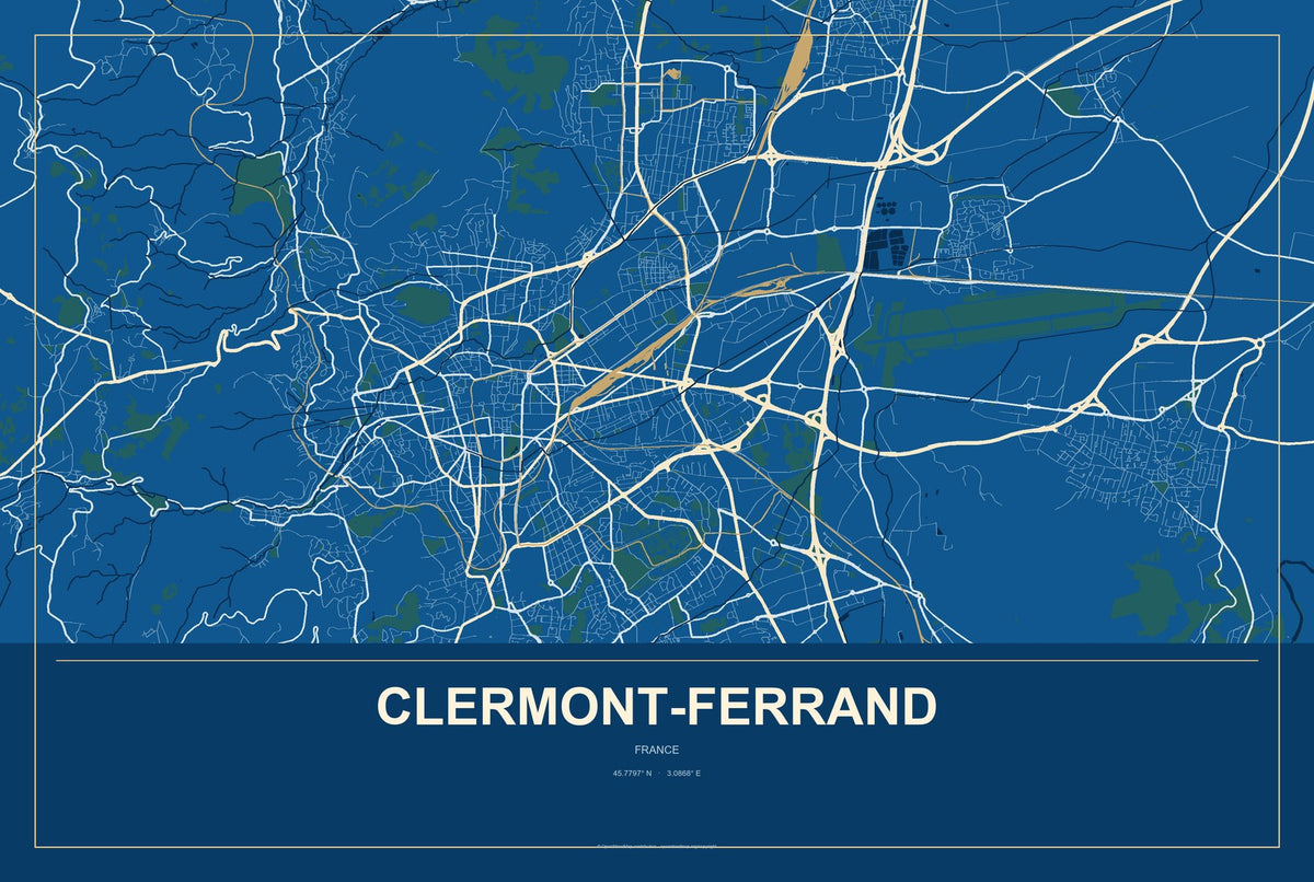 Clermont-Ferrand, France City Map Aluminum Sign in Harbor Cobalt style