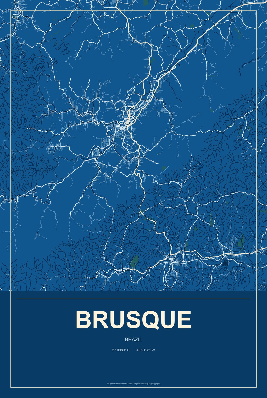 Brusque, Brazil City Map Aluminum Sign in Harbor Cobalt style