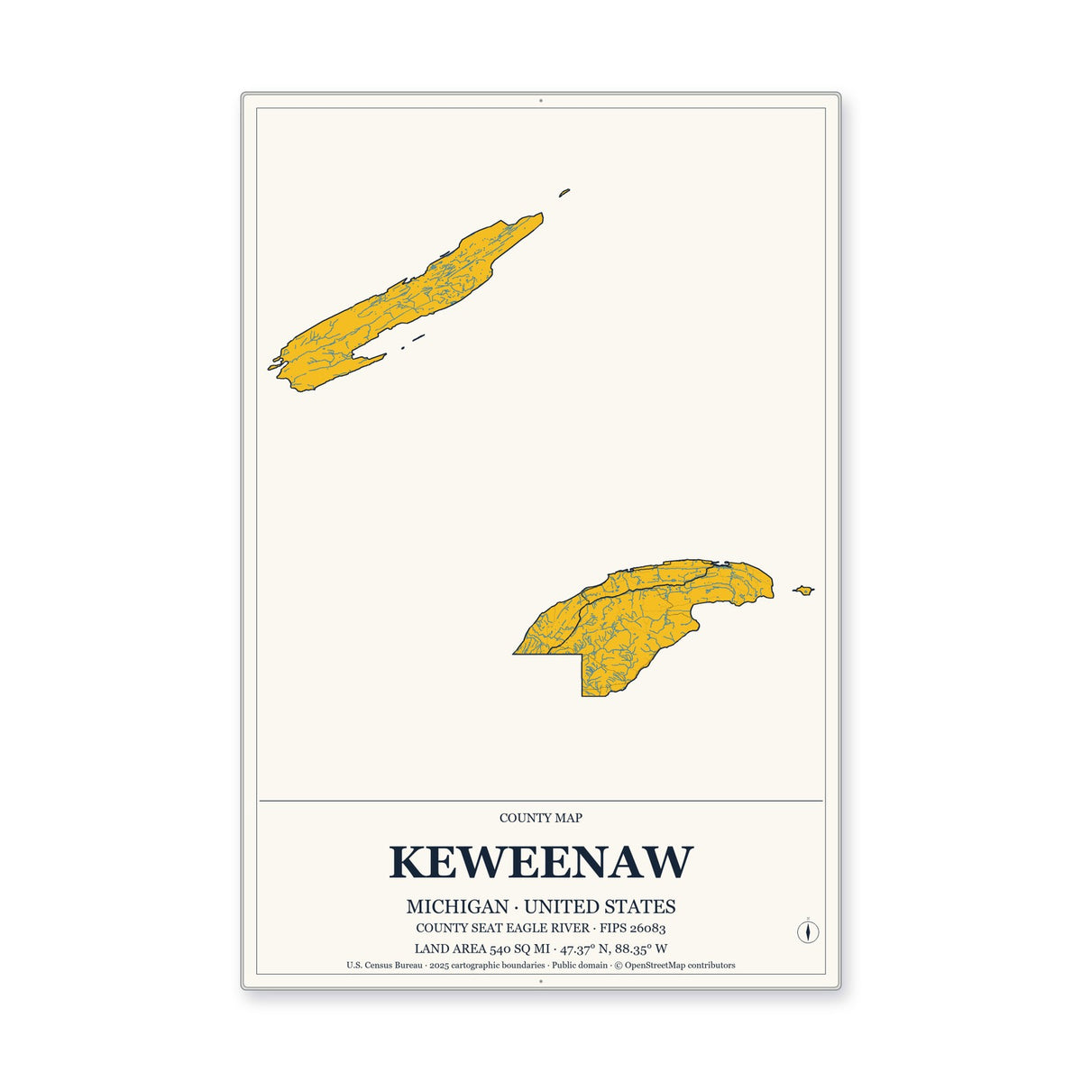 Keweenaw County, Michigan Map Aluminum Sign in Citrine Modern style