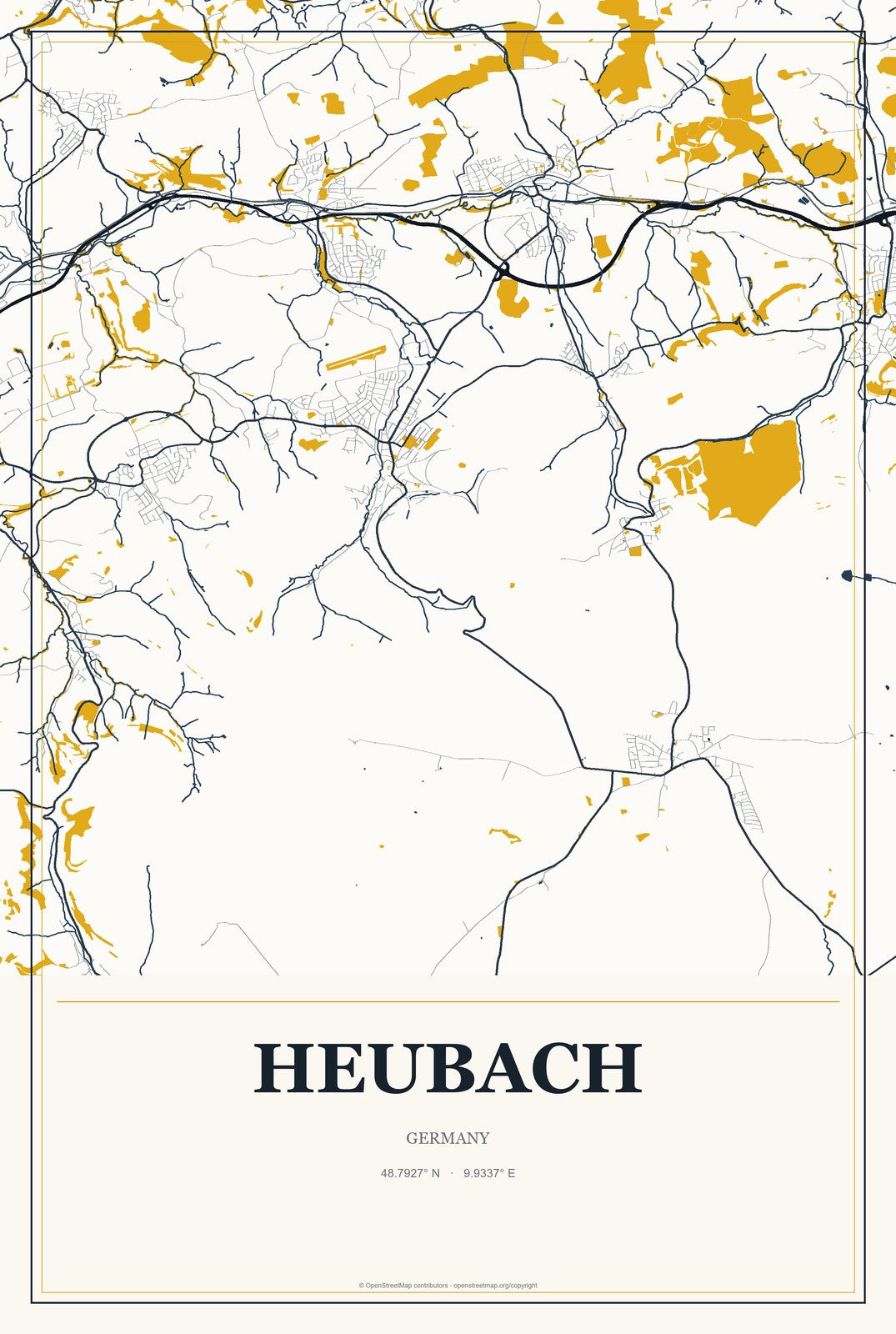 Heubach, Germany City Map Aluminum Sign in Citrine Modern style