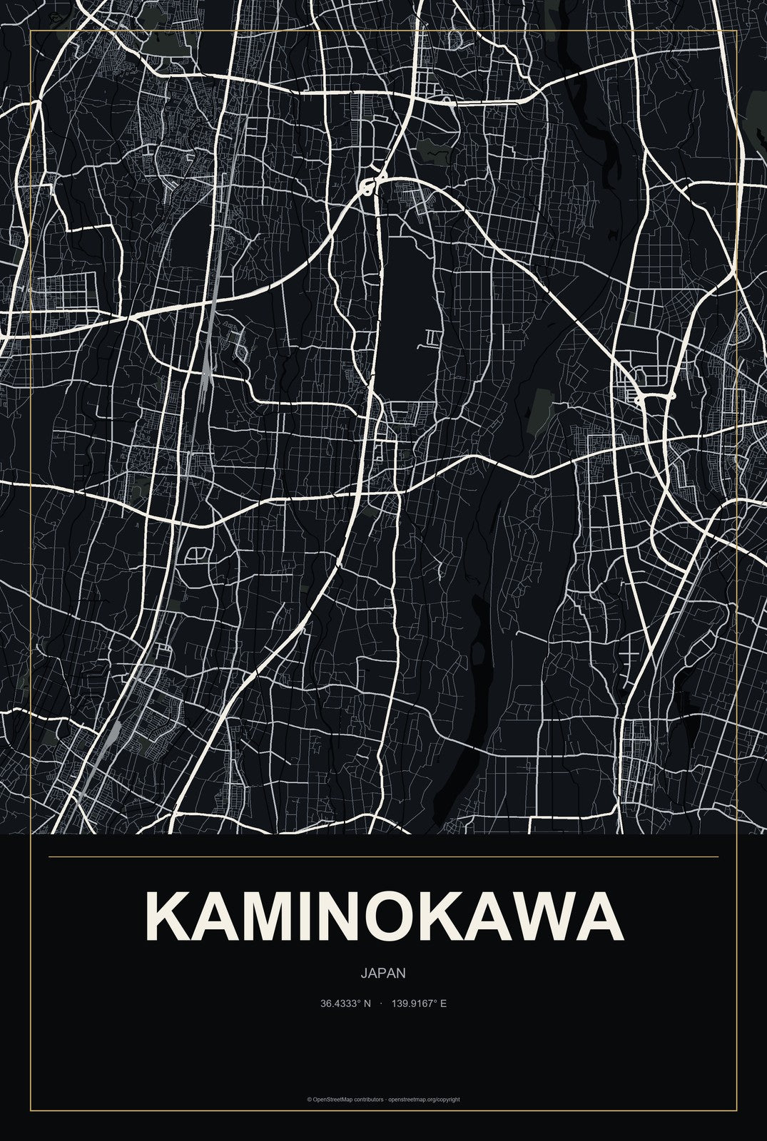 Kaminokawa, Japan City Map Aluminum Sign in Metropolitan Noir style