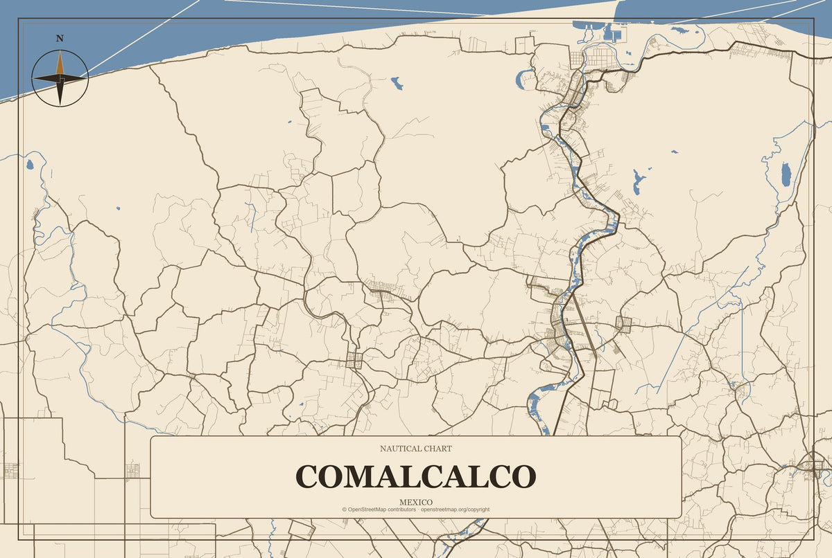 Comalcalco, Mexico City Map Aluminum Sign in Heritage Nautical style