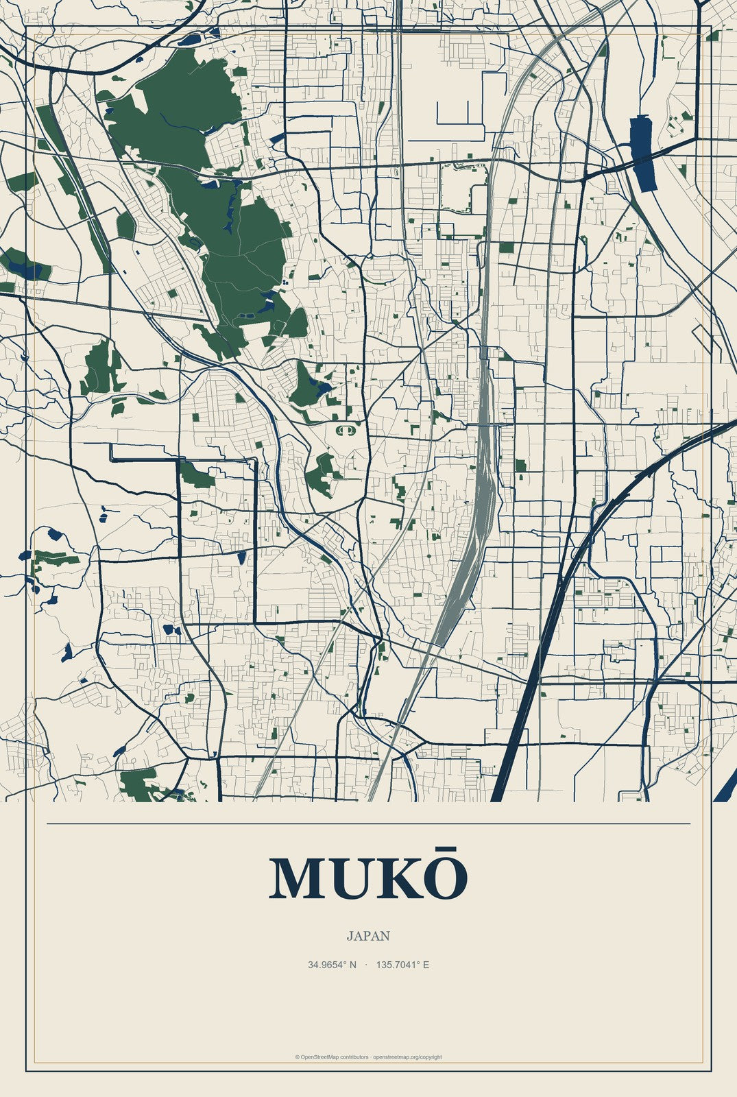 Mukō, Japan City Map Aluminum Sign in Coastal Cutout style