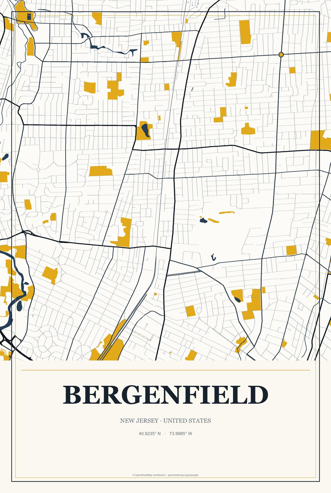 Bergenfield, New Jersey City Map Aluminum Sign in Citrine Modern style