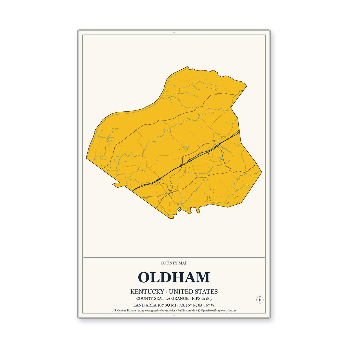 Oldham County, Kentucky Map Aluminum Sign in Citrine Modern style