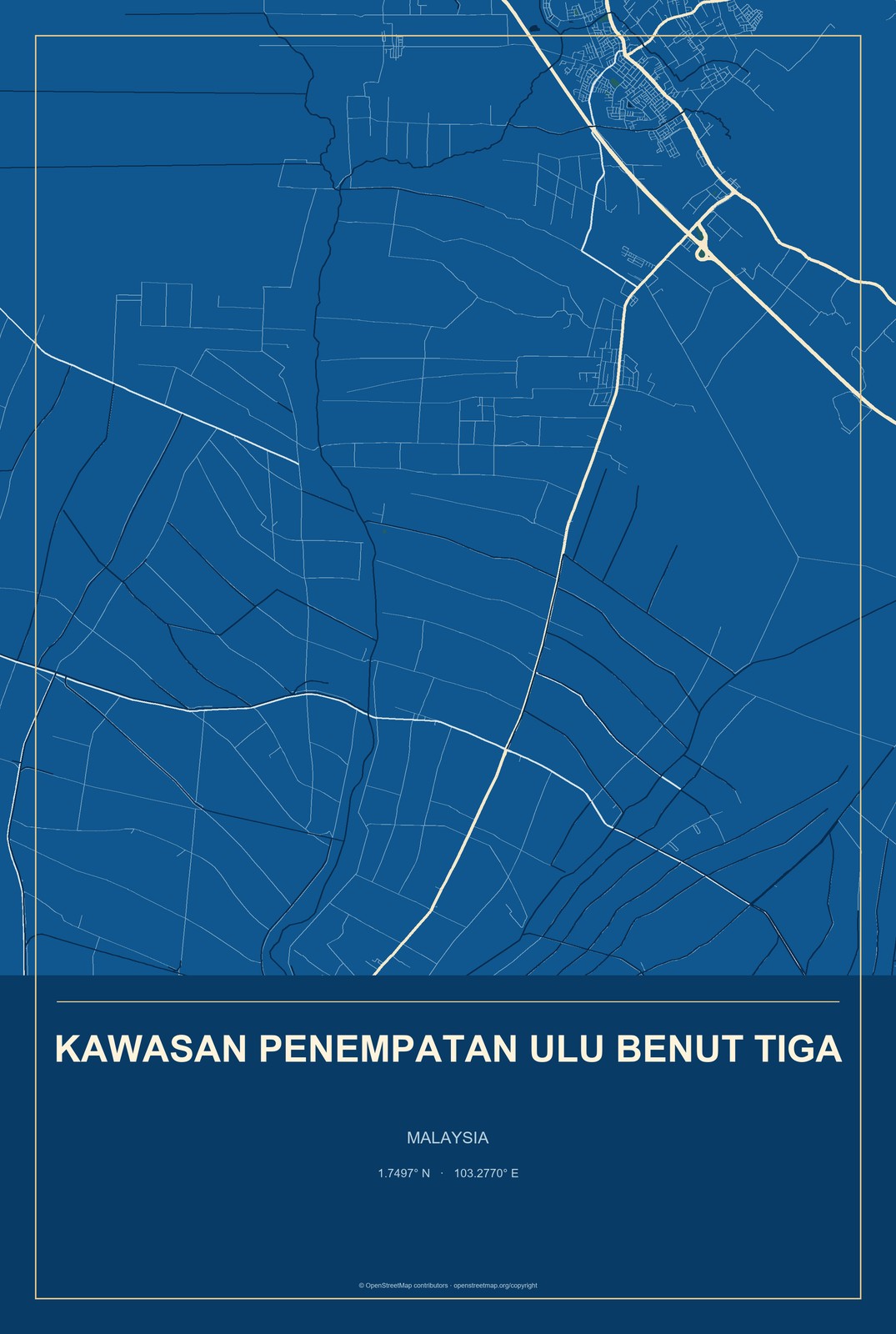 Kawasan Penempatan Ulu Benut Tiga, Malaysia City Map Aluminum Sign in Harbor Cobalt style